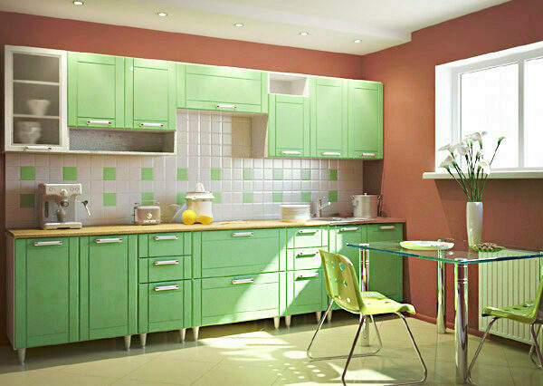 cocina rustica verde paredes rojas